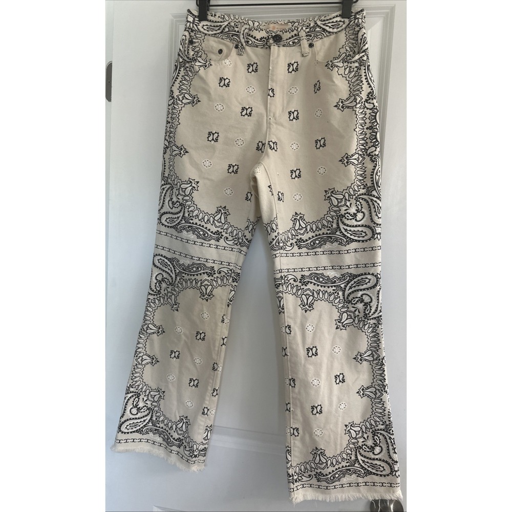 Tory Burch Size 27 Paisley Logo Raw Edge Boot Denim Pant Ivory Americana Bandana - Picture 5 of 15